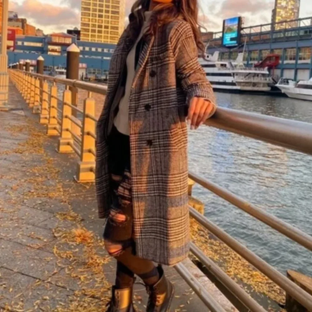 plaid Print Double Breasted Pea Overcoat jacket fall/winter - Picture 12 of 15